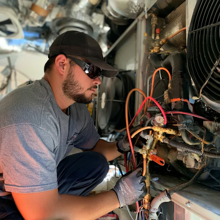 Technician using gauges and service hoses to inspect HVAC equipment