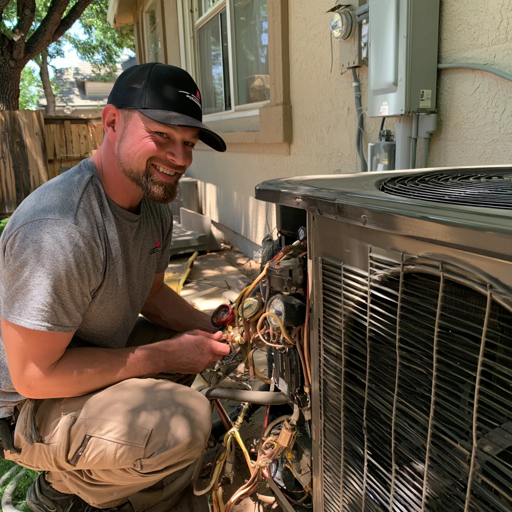 Technician servicing an outdoor air conditioning unit beside a home