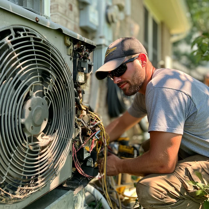 Technician inspecting wiring beside an outdoor air conditioning fan