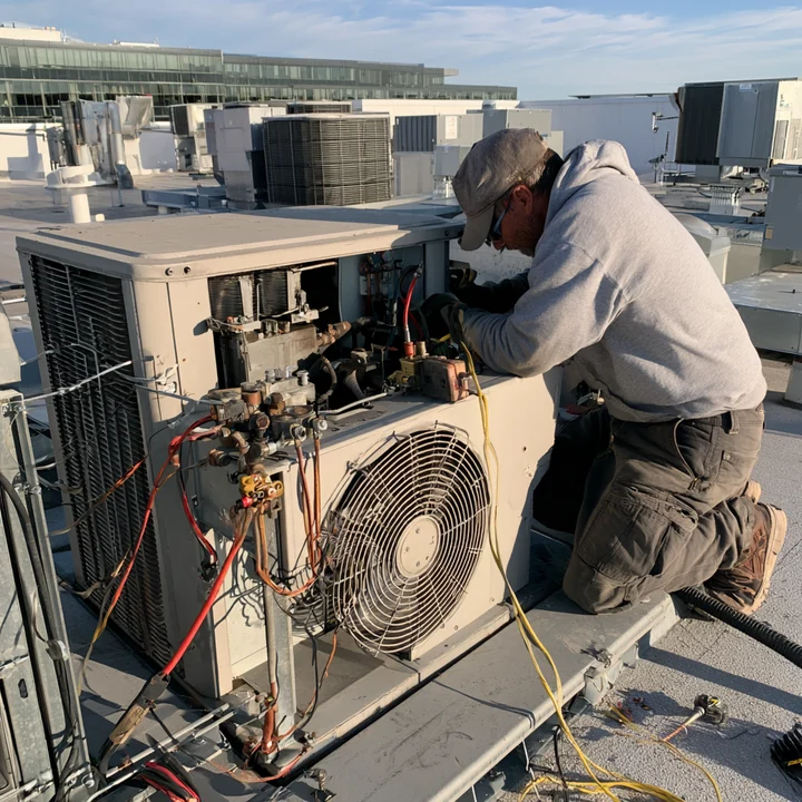 Technician servicing rooftop HVAC equipment with diagnostic hoses